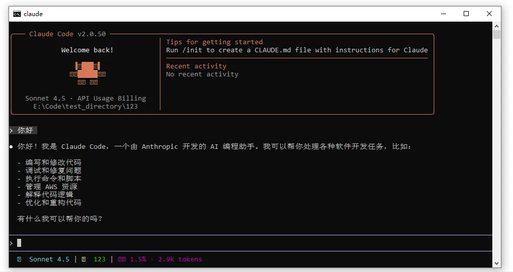 Claude Code 启动后欢迎界面